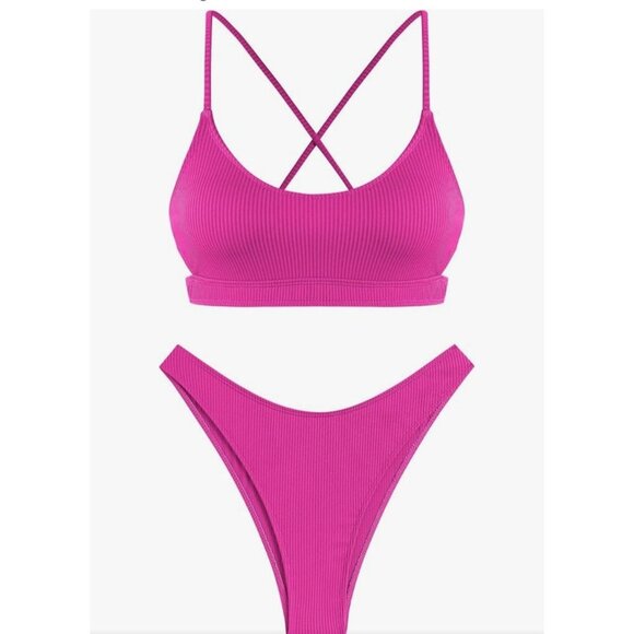 Zaful Womens Rose Pink Ribbed Two-Piece Bikini Set Criss-Cross Straps Size S - Picture 2 of 11